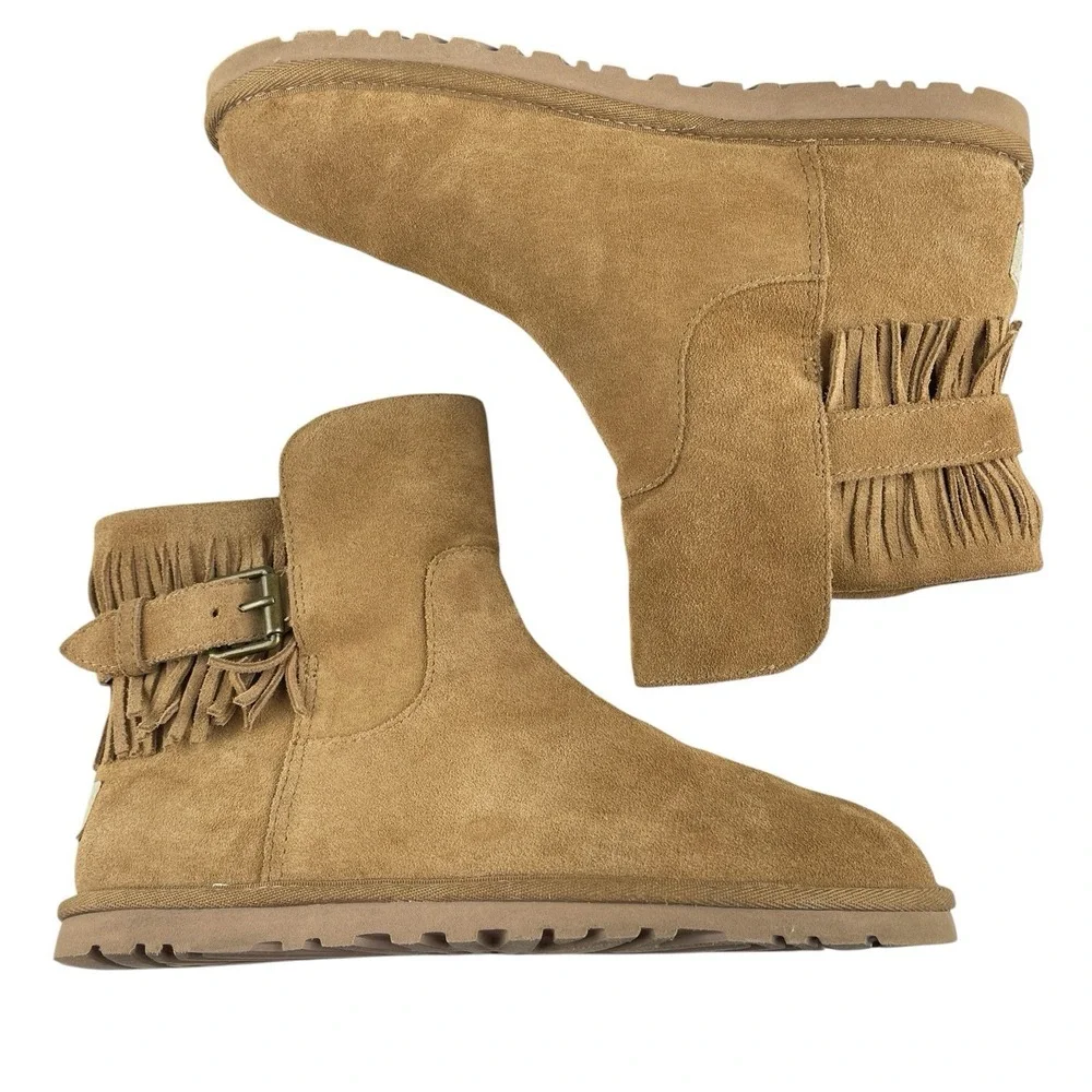 UGG Women's Cara Ankle Boots Size 8 Chestnut Suede Buckle Fringe Pull On Western